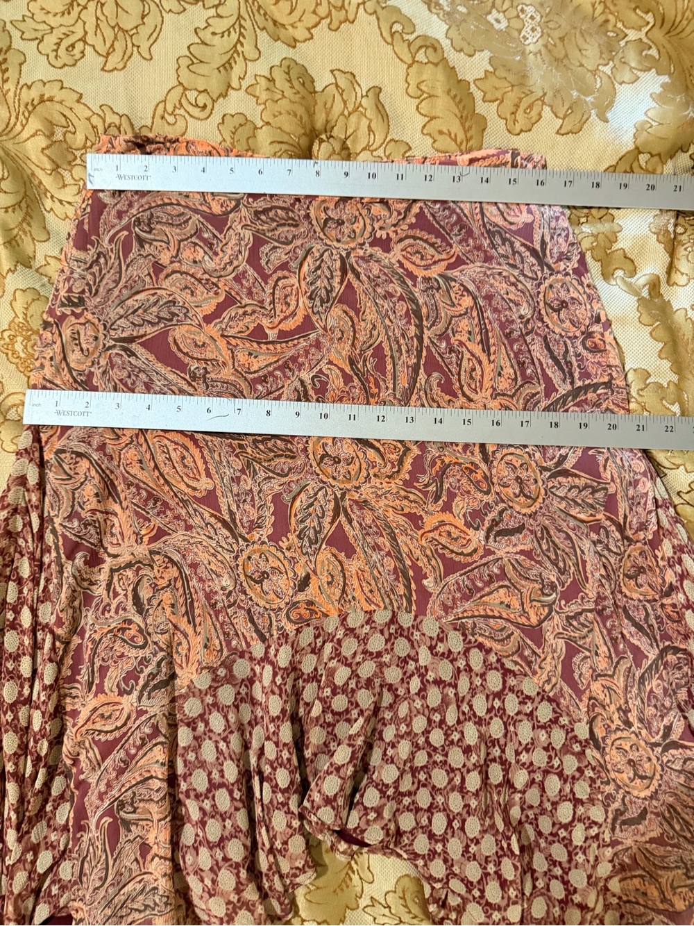 Sundance Paisley Handkerchief Hem Skirt in Rust & Peach, Silk, Lightweight, Sz 6 - Picture 12 of 14
